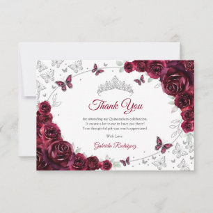 Tarjeta De Agradecimiento Quinceañera Floral de Plata Borgoña