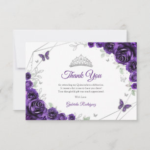 Tarjeta De Agradecimiento Quinceañera Floral de Plata Púrpura