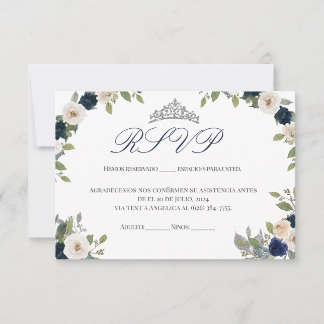Tarjeta De Agradecimiento Quinceañera floral de Tiara azul y plata RSVP (Anverso)