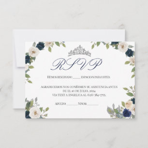 Tarjeta De Agradecimiento Quinceañera floral de Tiara azul y plata RSVP