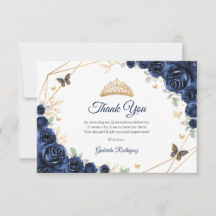 Tarjeta De Agradecimiento Quinceañera Floral Dorado Azul Marino