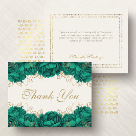 Tarjeta De Agradecimiento Quinceanera floral elegante verde esmeralda
