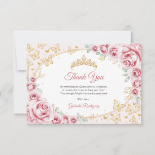 Tarjeta De Agradecimiento Quinceañera Floral en Oro Rosa