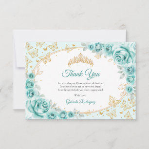 Tarjeta De Agradecimiento Quinceañera Floral Oro Turquesa