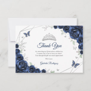 Tarjeta De Agradecimiento Quinceañera Floral Plata Marina