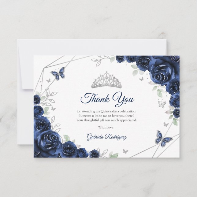 Tarjeta De Agradecimiento Quinceañera Floral Plata Marina (Anverso)