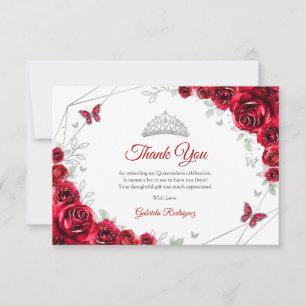 Tarjeta De Agradecimiento Quinceañera Floral Plata Rojo
