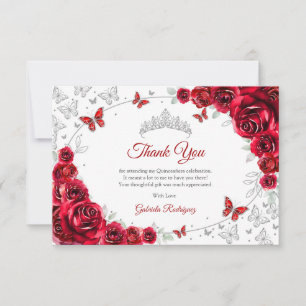 Tarjeta De Agradecimiento Quinceañera Floral Plateada Roja