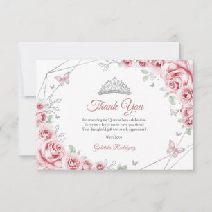 Tarjeta De Agradecimiento Quinceañera floral plateada rosa
