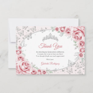Tarjeta De Agradecimiento Quinceañera floral plateada rosa