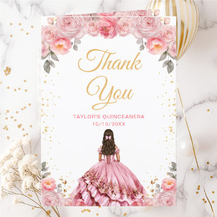 Tarjeta De Agradecimiento Quinceañera Floral Princesa Rosa