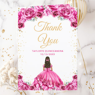 Tarjeta De Agradecimiento Quinceañera Floral Princesa Rosa Caliente