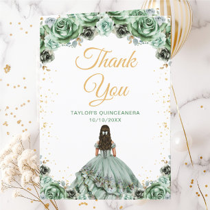 Tarjeta De Agradecimiento Quinceañera Floral Princesa Verde Salvia