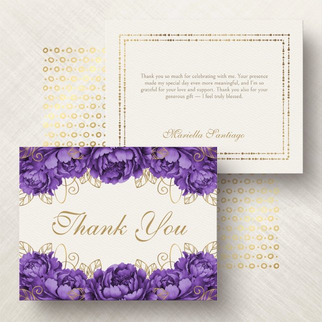 Tarjeta De Agradecimiento Quinceanera floral Purple Elegante (Subido por el creador)