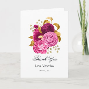 Tarjeta De Agradecimiento Quinceañera floral rosa caliente y dorada