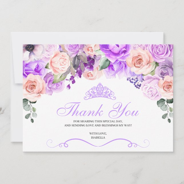 Tarjeta De Agradecimiento Quinceanera floral rosa y púrpura gracias (Anverso)