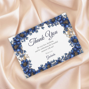 Tarjeta De Agradecimiento Quinceañera Floral Tiara Azul Real Dorada