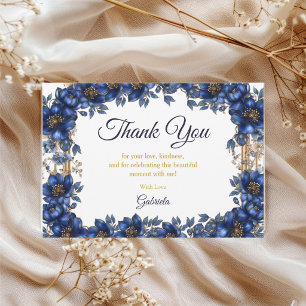 Tarjeta De Agradecimiento Quinceañera Floral Tiara Azul Real Dorada