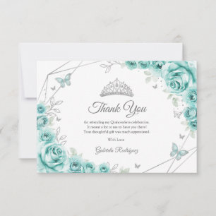 Tarjeta De Agradecimiento Quinceañera Floral Turquesa y Plata