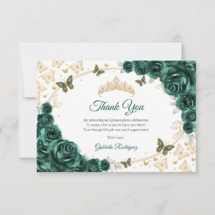 Tarjeta De Agradecimiento Quinceañera Floral Verde Esmeralda Dorado