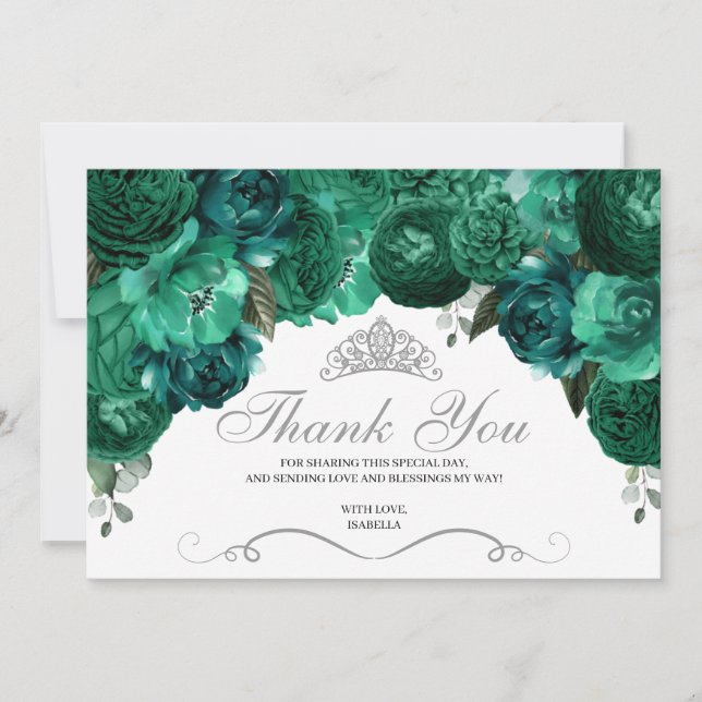 Tarjeta De Agradecimiento Quinceanera floral verde esmeralda gracias (Anverso)