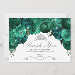 Tarjeta De Agradecimiento Quinceanera floral verde esmeralda gracias