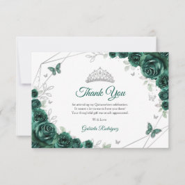 Tarjeta De Agradecimiento Quinceañera Floral Verde Esmeralda y Plata
