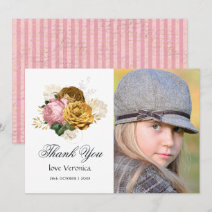 Tarjeta De Agradecimiento Quinceañera floral vintage rosa y dorado