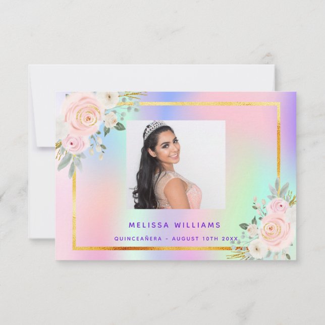 Tarjeta De Agradecimiento Quinceanera foto rosa morado arco iris floral (Reverso)