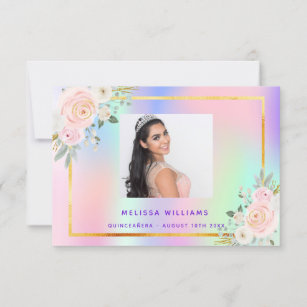 Tarjeta De Agradecimiento Quinceanera foto rosa morado arco iris floral