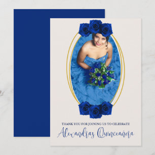 Tarjeta De Agradecimiento Quinceañera geométrica real azul y oro