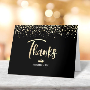 Tarjeta De Agradecimiento Quinceañera Glitter Foil Script Elegante Negro