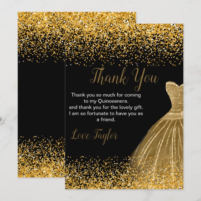 Tarjeta De Agradecimiento Quinceanera Gold Dress Faux Glitter (Anverso / Reverso)