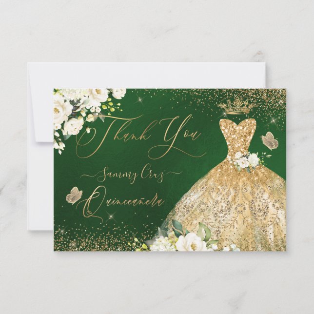 Tarjeta De Agradecimiento Quinceanera Gracias A Green Gold Purpurina Gown  (Anverso)