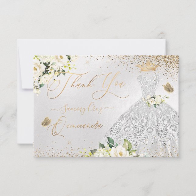 Tarjeta De Agradecimiento Quinceanera Gracias Faux Silver Purpurina Gown  (Anverso)