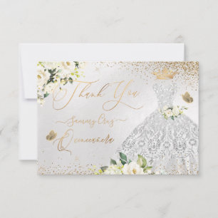 Tarjeta De Agradecimiento Quinceanera Gracias Faux Silver Purpurina Gown