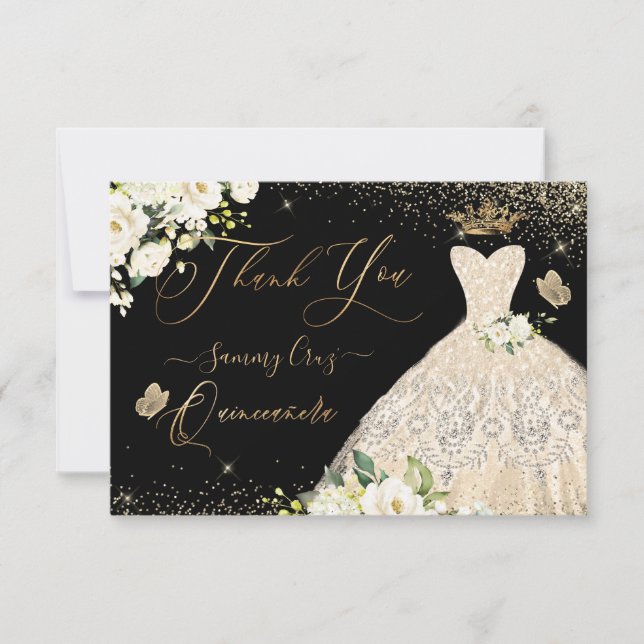 Tarjeta De Agradecimiento Quinceanera Gracias Purpurina De Oro Champagne Gow (Anverso)