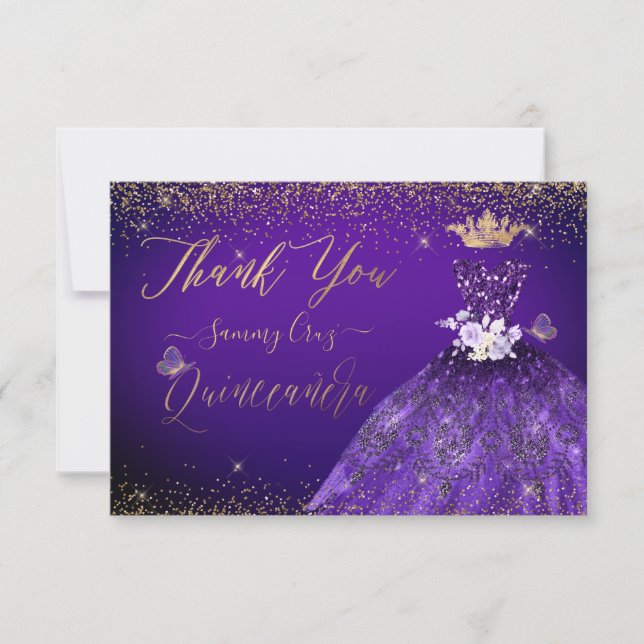 Tarjeta De Agradecimiento Quinceanera Gracias Purpurina Púrpura (Anverso)