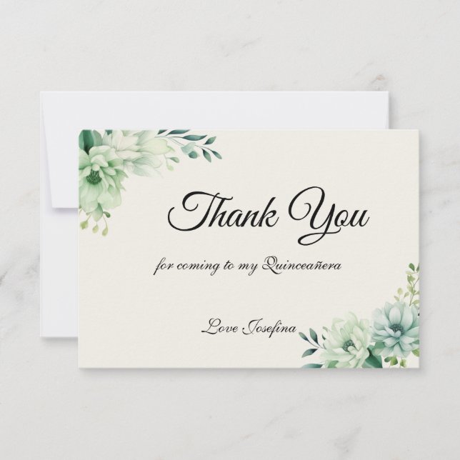 Tarjeta De Agradecimiento Quinceanera green floral Thank You Card (Anverso)