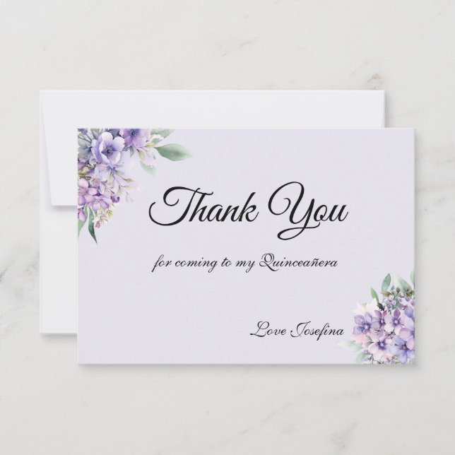 Tarjeta De Agradecimiento Quinceanera Lavender floral Thank You Card (Anverso)