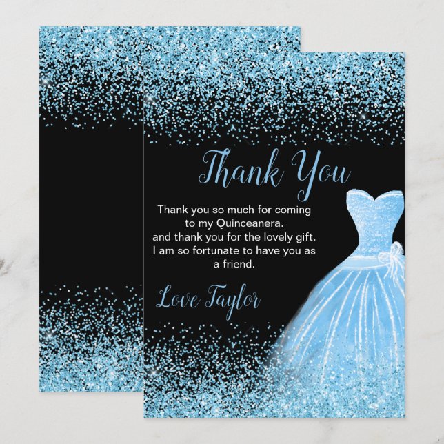Tarjeta De Agradecimiento Quinceanera Light Blue Dress Faux Glitter (Anverso / Reverso)