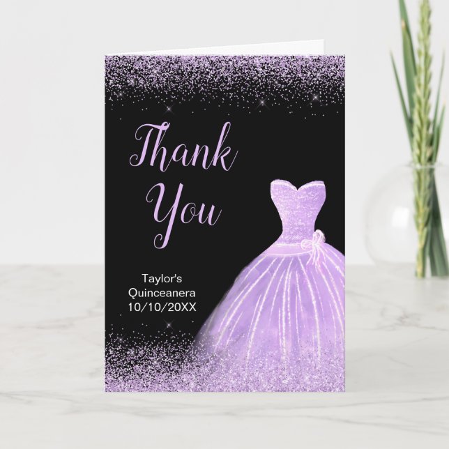 Tarjeta De Agradecimiento Quinceanera Luminoso Vestido Púrpura Faux Purpurin (Anverso)