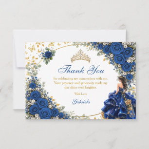 Tarjeta De Agradecimiento Quinceañera Mariposa Dorada Azul Real