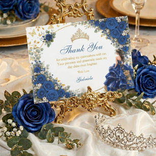 Tarjeta De Agradecimiento Quinceañera Mariposa Dorada Azul Real