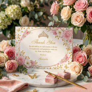 Tarjeta De Agradecimiento Quinceañera Mariposa Dorada Rosa Sonrojada 