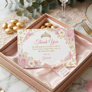 Tarjeta De Agradecimiento Quinceañera Mariposa Dorada Rosa Sonrojada