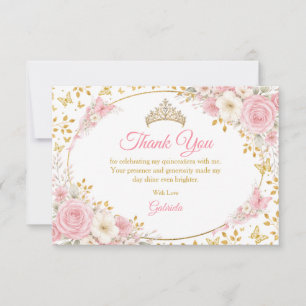 Tarjeta De Agradecimiento Quinceañera Mariposa Dorada Rosa Sonrojada 