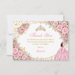 Tarjeta De Agradecimiento Quinceañera Mariposa Dorada Rosas Rosadas Acuarela