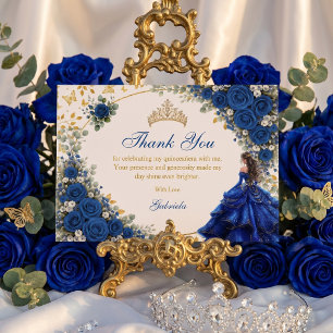 Tarjeta De Agradecimiento Quinceañera Mariposas Doradas Azul Real 