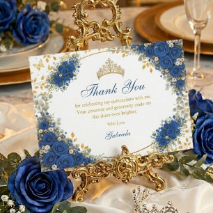 Tarjeta De Agradecimiento Quinceañera Mariposas Doradas Azul Real 